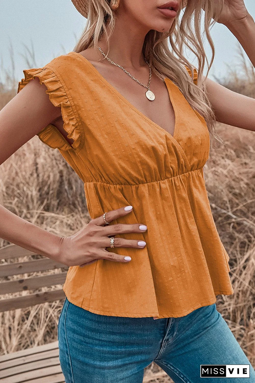 Elegant Solid Stringy Selvedge V Neck Tops