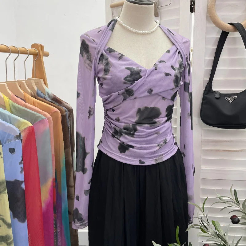Uveng Explosion Tie-Dye-Print Long Sleeve Bottom Sexy Hottie V-Neck T-Shirt Folded Slimming Mesh Yarn Top 8929