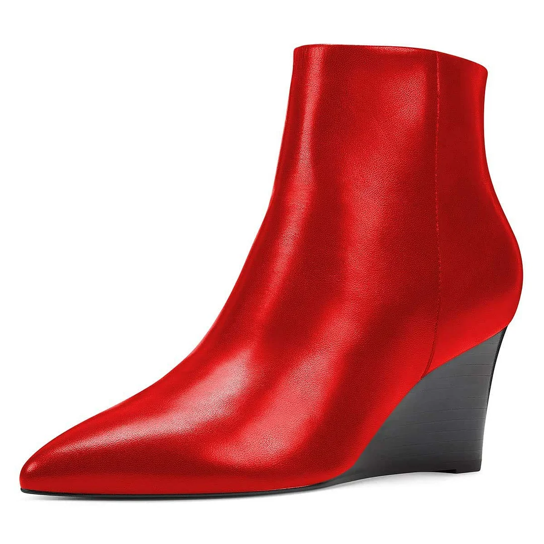 Fashion Red Closed Pointed Toe Side Zipper Wedge Heel Booties