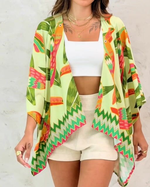Allover Parrot Print Open Front Half Sleeve Cover-up Casual Hollow-out Back Loose Fit Cardigan-0119