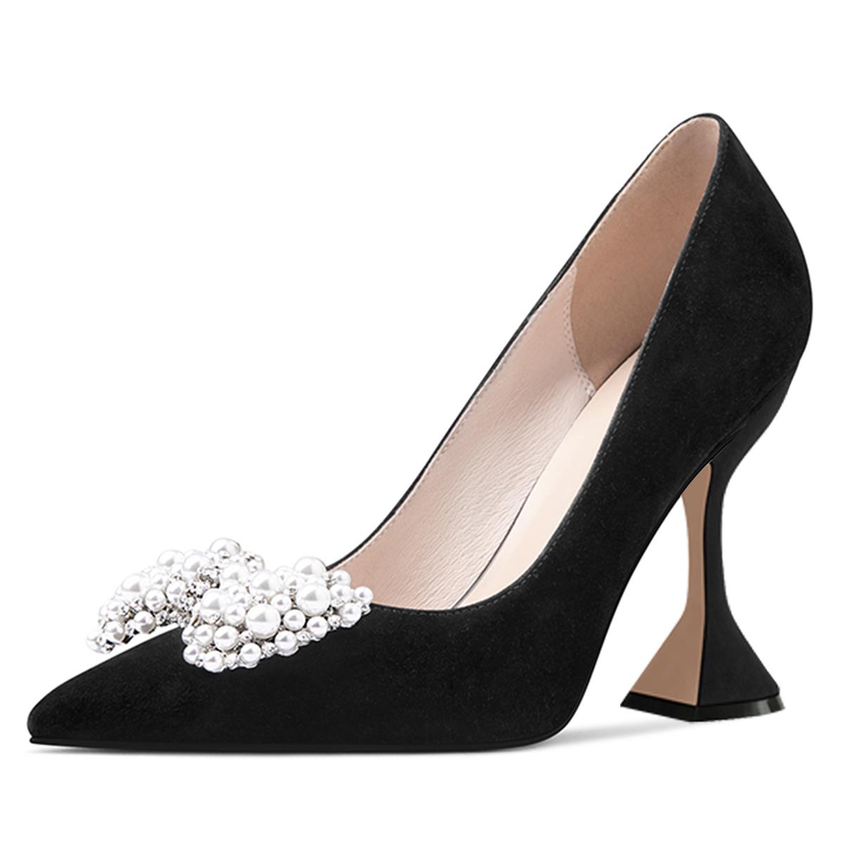 Black Vegan Suede Pointy Toe 4'' Flared Heel Pumps with Pearl Bow Nicepairs