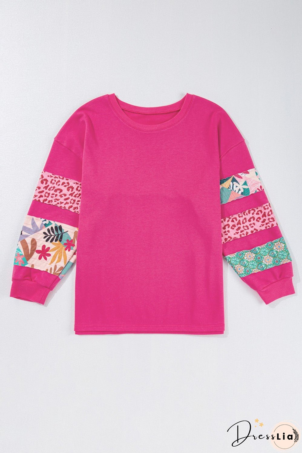 Rose Red Plus Size Printed Patchwork Sleeve Split Sweatshirt