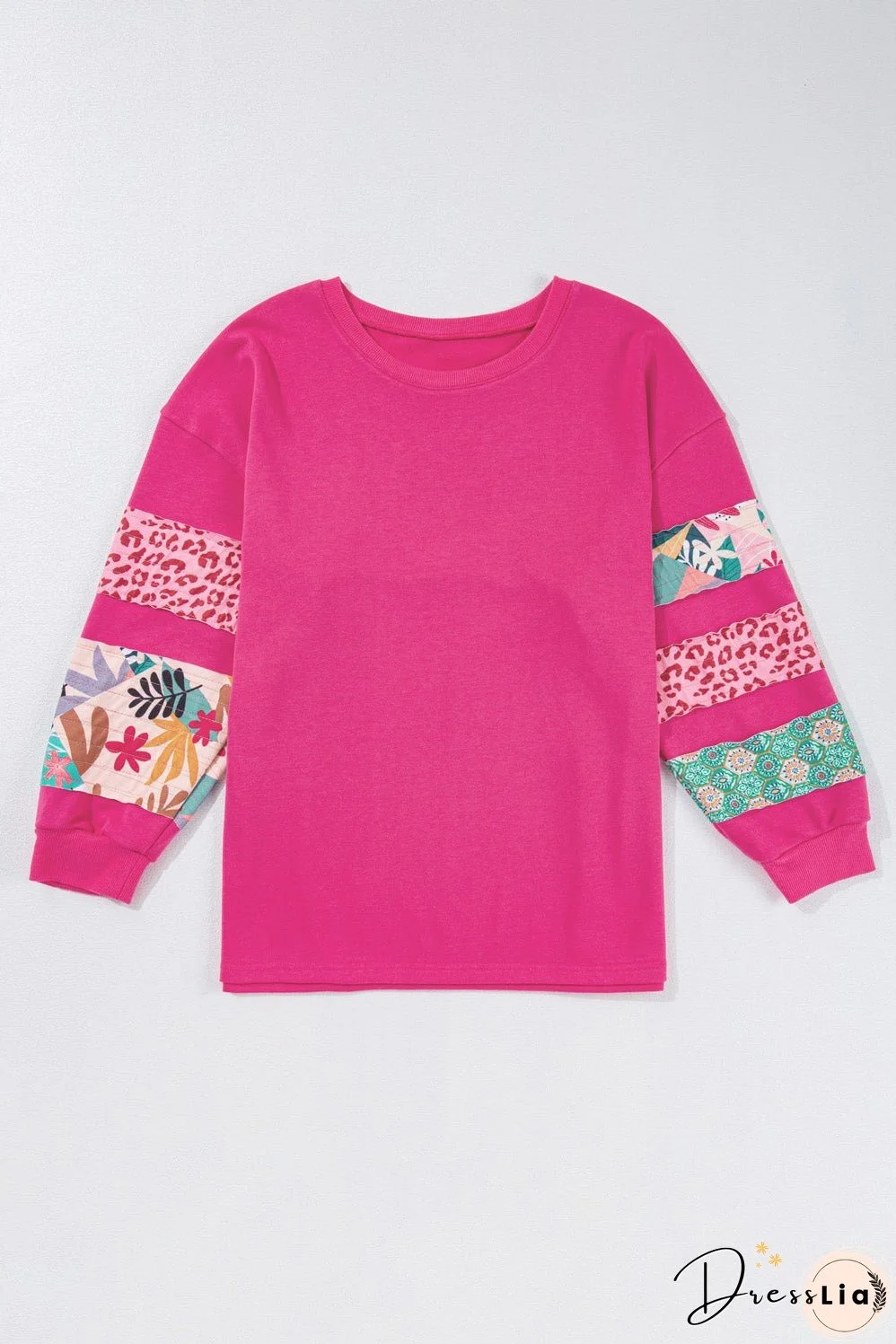 Rose Red Plus Size Printed Patchwork Sleeve Split Sweatshirt