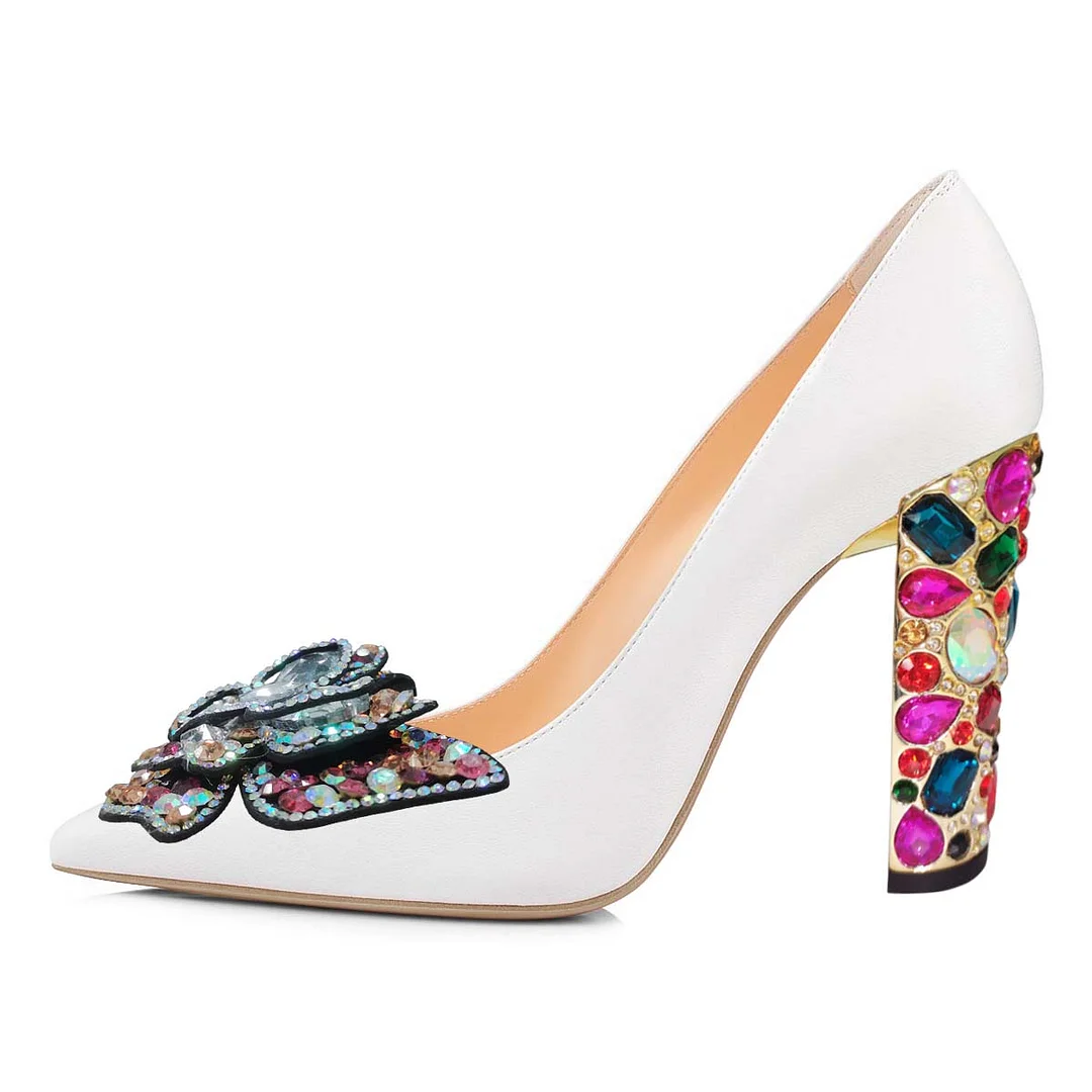 Vegan Leather Butterfly Pointed Toe Rhinestone White Pumps