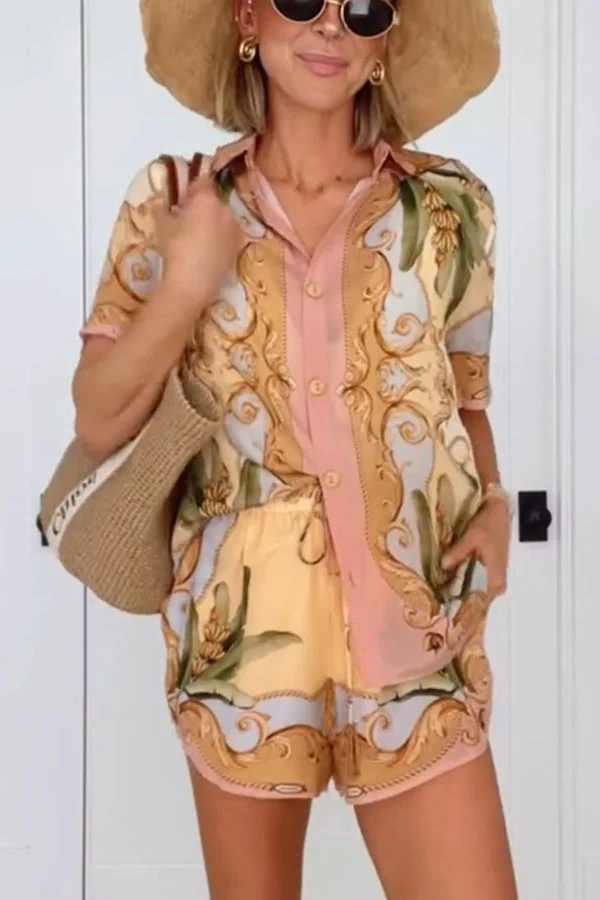 Royalty Unique Print Button Up Short Sleeve Shirt and Elastic Waist Pocketed Loose Shorts Set