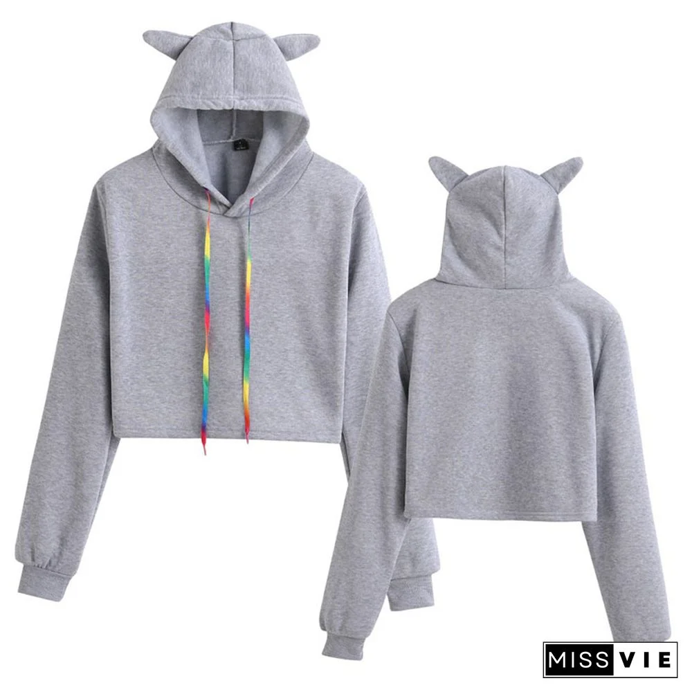 Pure Color Cat Ears Short Hoodie