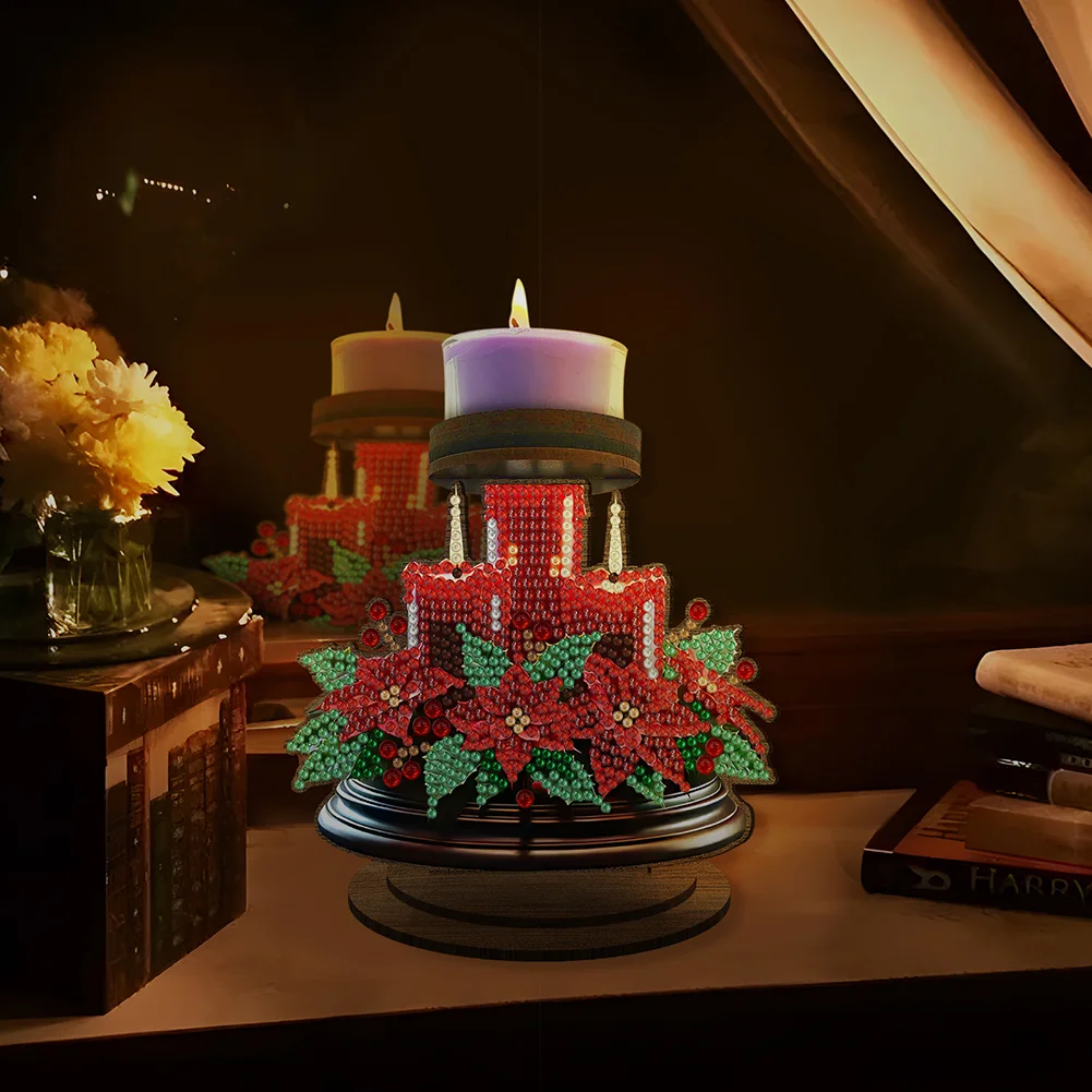 Wooden Red Flower Candle 5D DIY Diamond Painting Candle Holder Decor for Adults