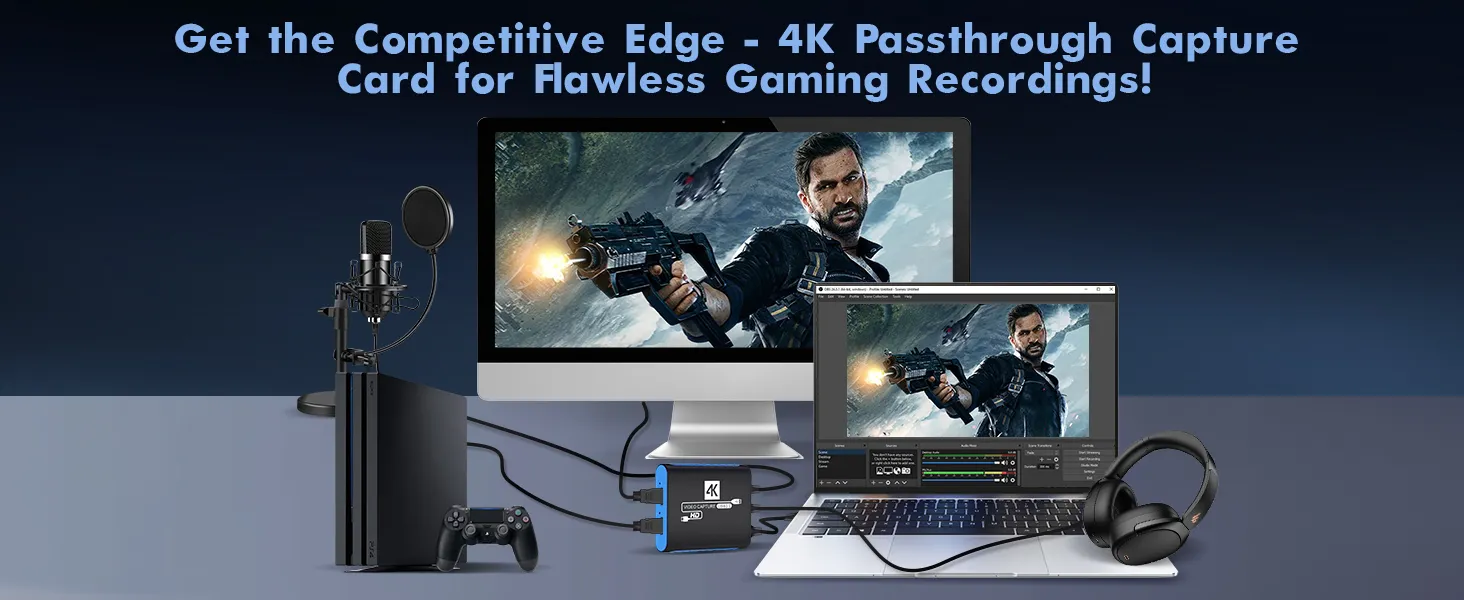 4K Passthrough capture card promo: PS4, monitor, laptop, mic, headphones, OBS game live streaming