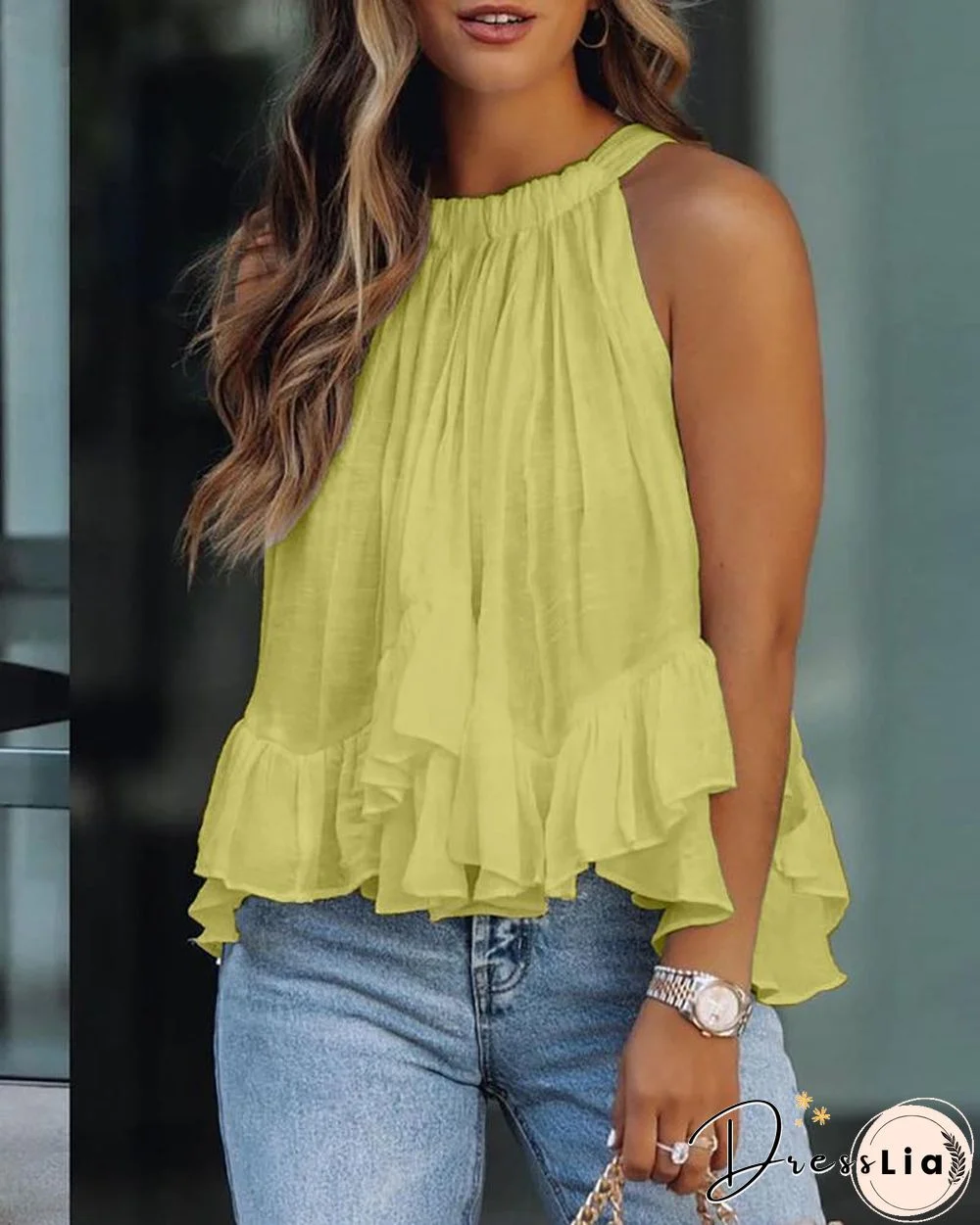 Halter Ruched Ruffles Sleeveless Casual Top P12243