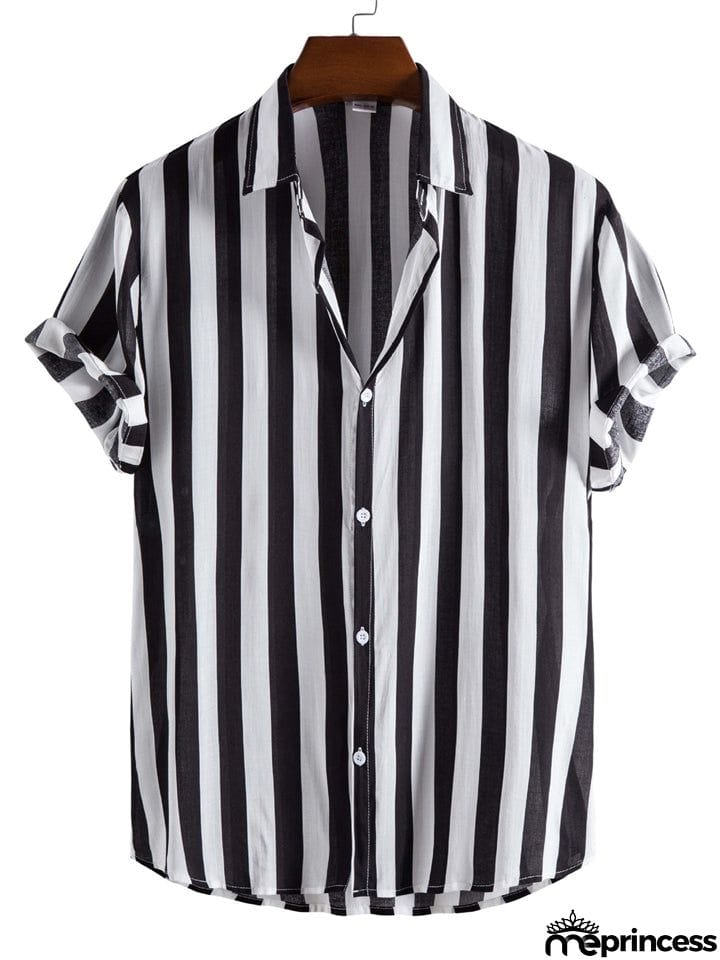 Men's Vertical Striped Button Down Aloha Shirt for Beach