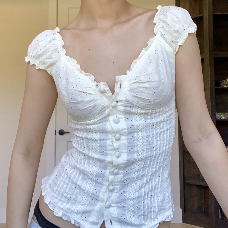 Vintage Floral T-shirt Button Frill V Neck Pullovers Tee Women Y2K Aesthetic White Crop Top