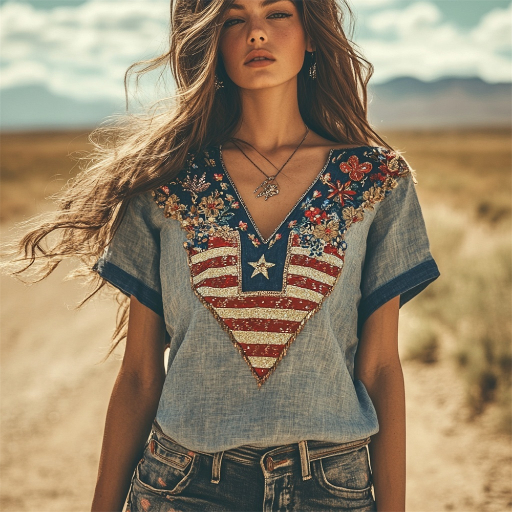 Comstylish Western Style Floral Sequin Embroidery Women's Linen V-neck Shirt