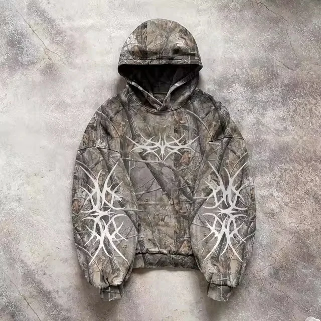 Aonga Camouflage Hooded Coat Sweater Loose New Printed Men's and Women's Pullover Street Fashion Y2K Retro aonga