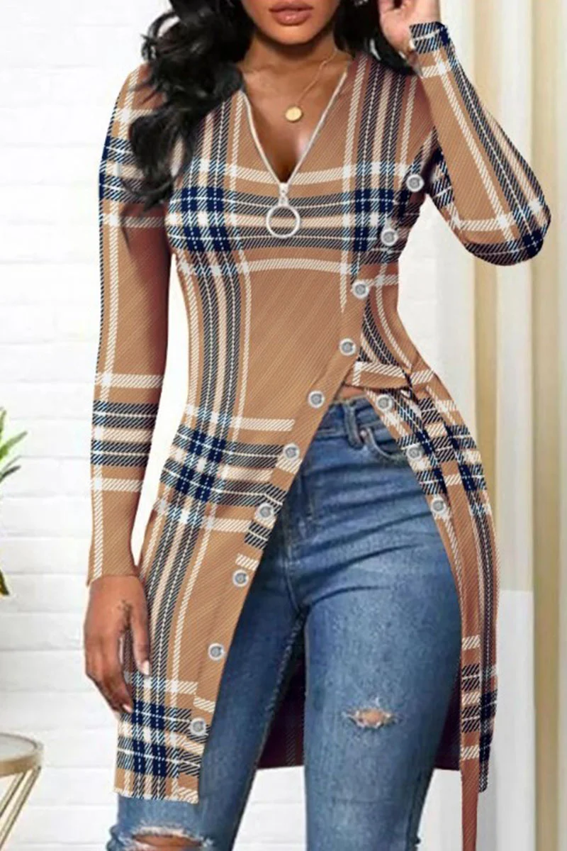 Khaki Sexy Print Patchwork Asymmetrical Zipper Zipper Collar Tops | EGEMISS