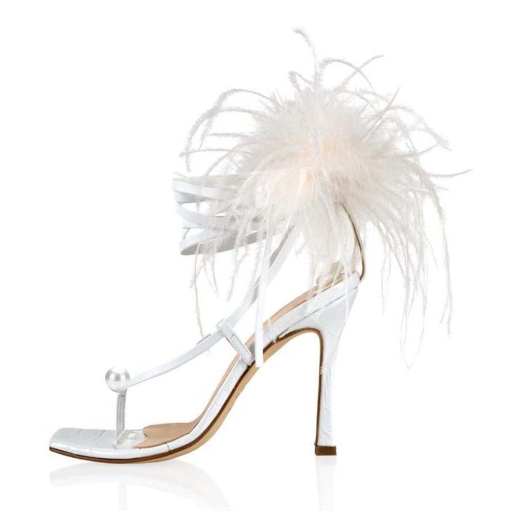 White Square Toe Ankle Strap Sandals Feather Strappy Stiletto Heels with Pearl Nicepairs