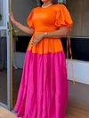 Color-Block Drawstring Ruffled Empire Short Sleeves Round-Neck Maxi Dresses