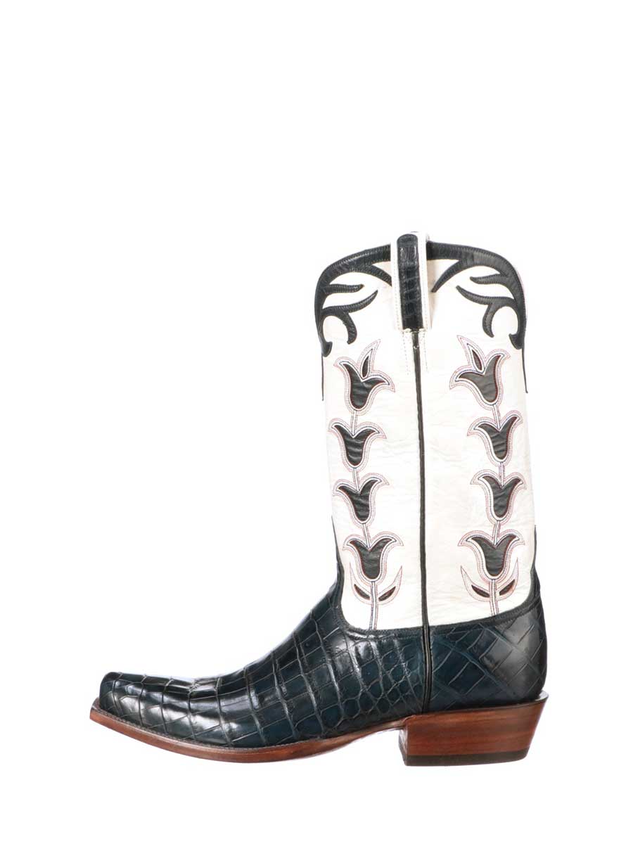 Black and White Croco Embossed Floral Inlay Cowgirl Boots for Women Nicepairs