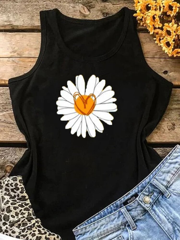Daisy Floral Printed Sleeveless O Neck Tank Top P1706510