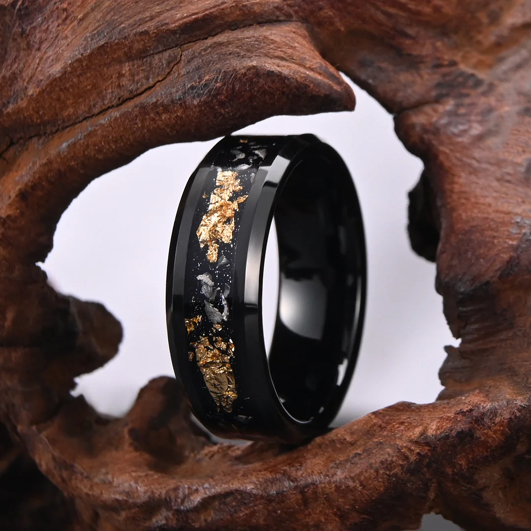 6MM 8MM Black Tungsten Carbide RingInlaid with Gold Foil Couple Rings Mens Womens Wedding Bands Comfort Fit