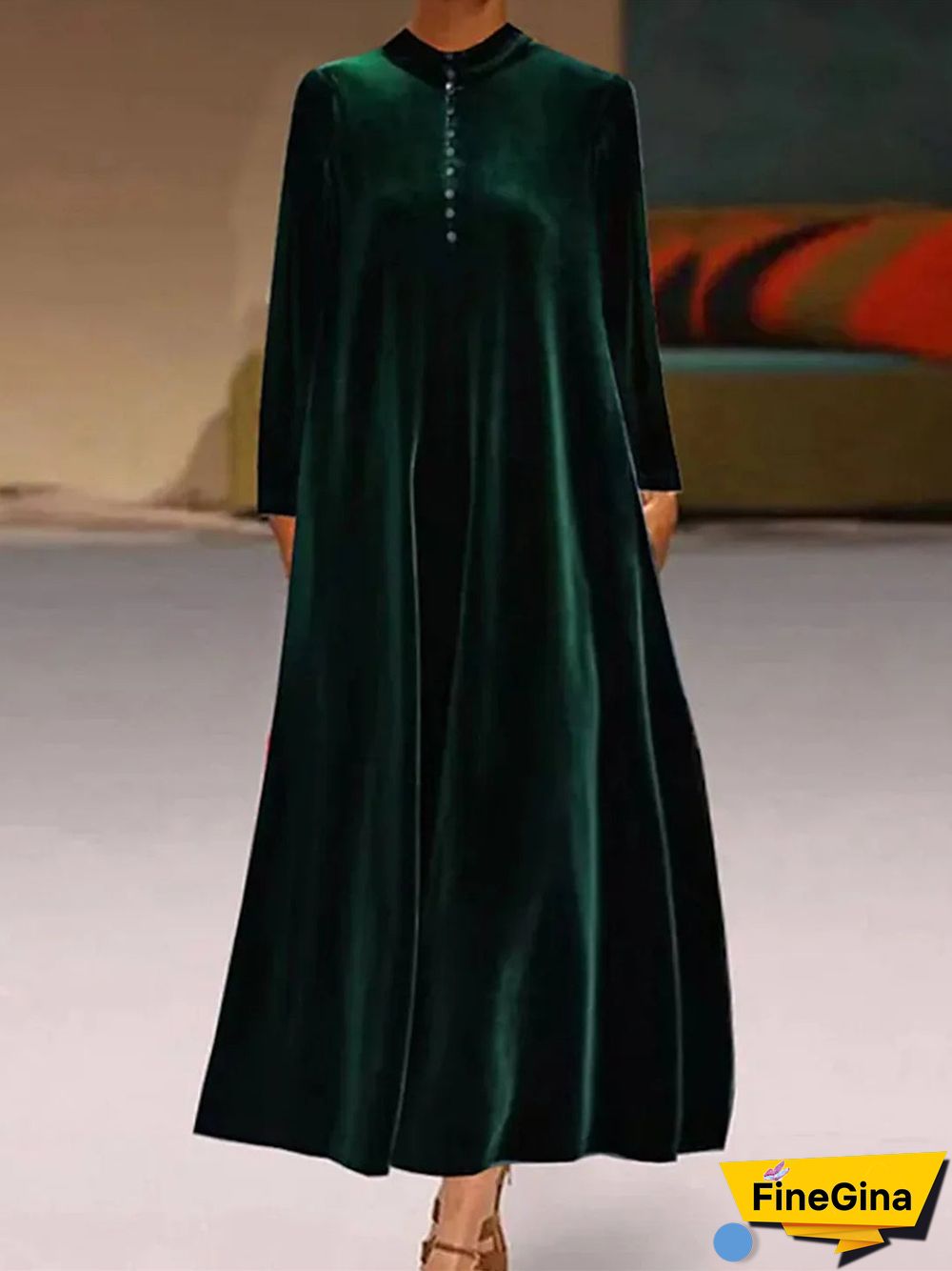 Women's Long Sleeve Turtle Neck Solid Color Buttons Maxi Dress