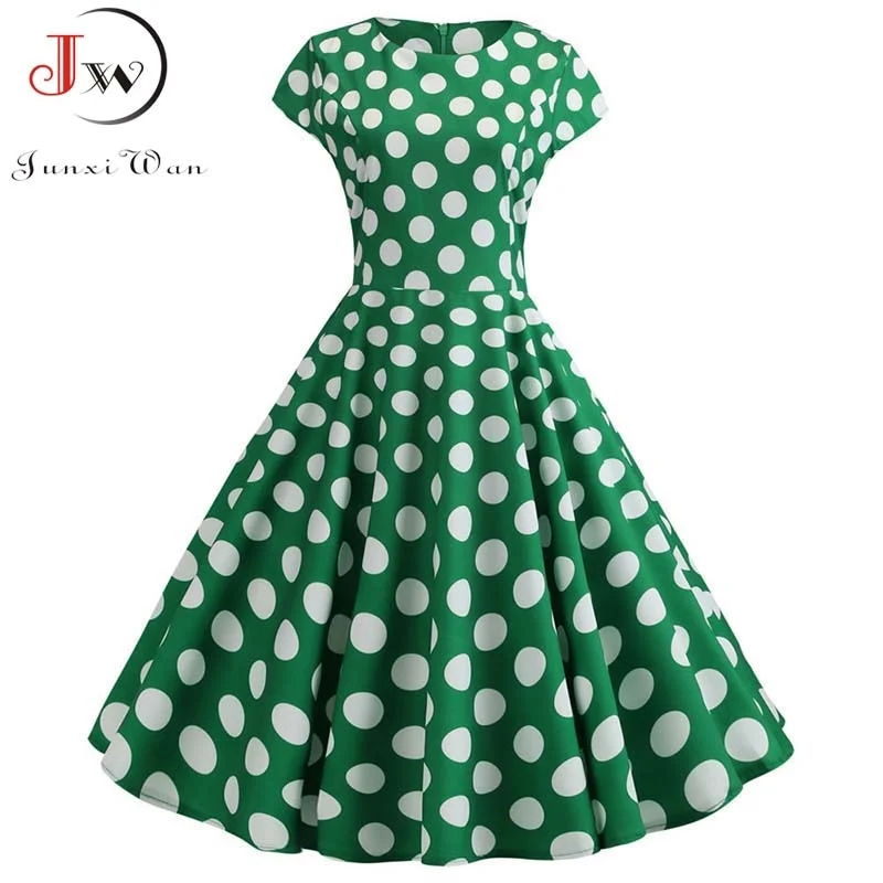 Short Sleeve Polka Dot Summer Dress Women White Elegant A-line Midi Party Dress Vestidos 50s 60s Rockabilly Vintage Dress