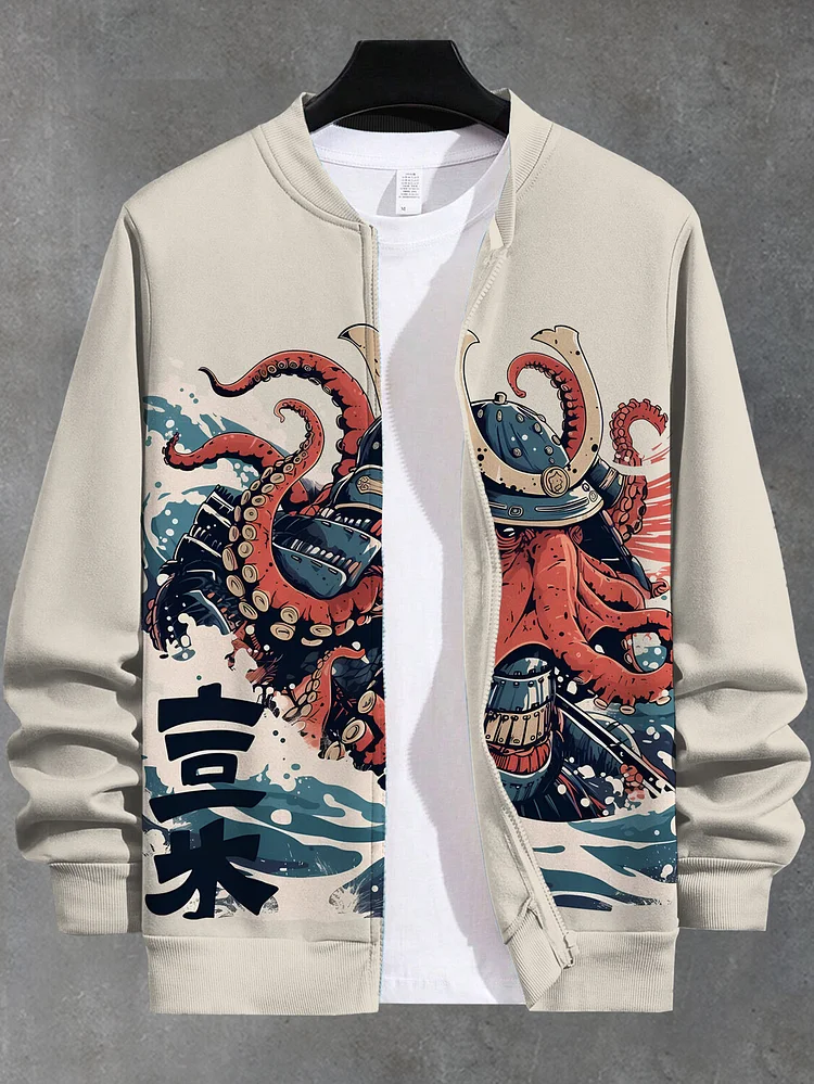 Men's Japanese Ukiyo-e Ocean Wave Octopus General Print Casual Zip Up Jacket