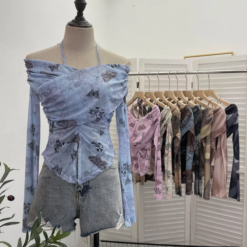 Uveng Real Shot Shoulder Strap Hanging Neck Pure Lust Wind Long-Sleeved T-Shirt Repair Cross-Folded Open Fork Short Top 9932