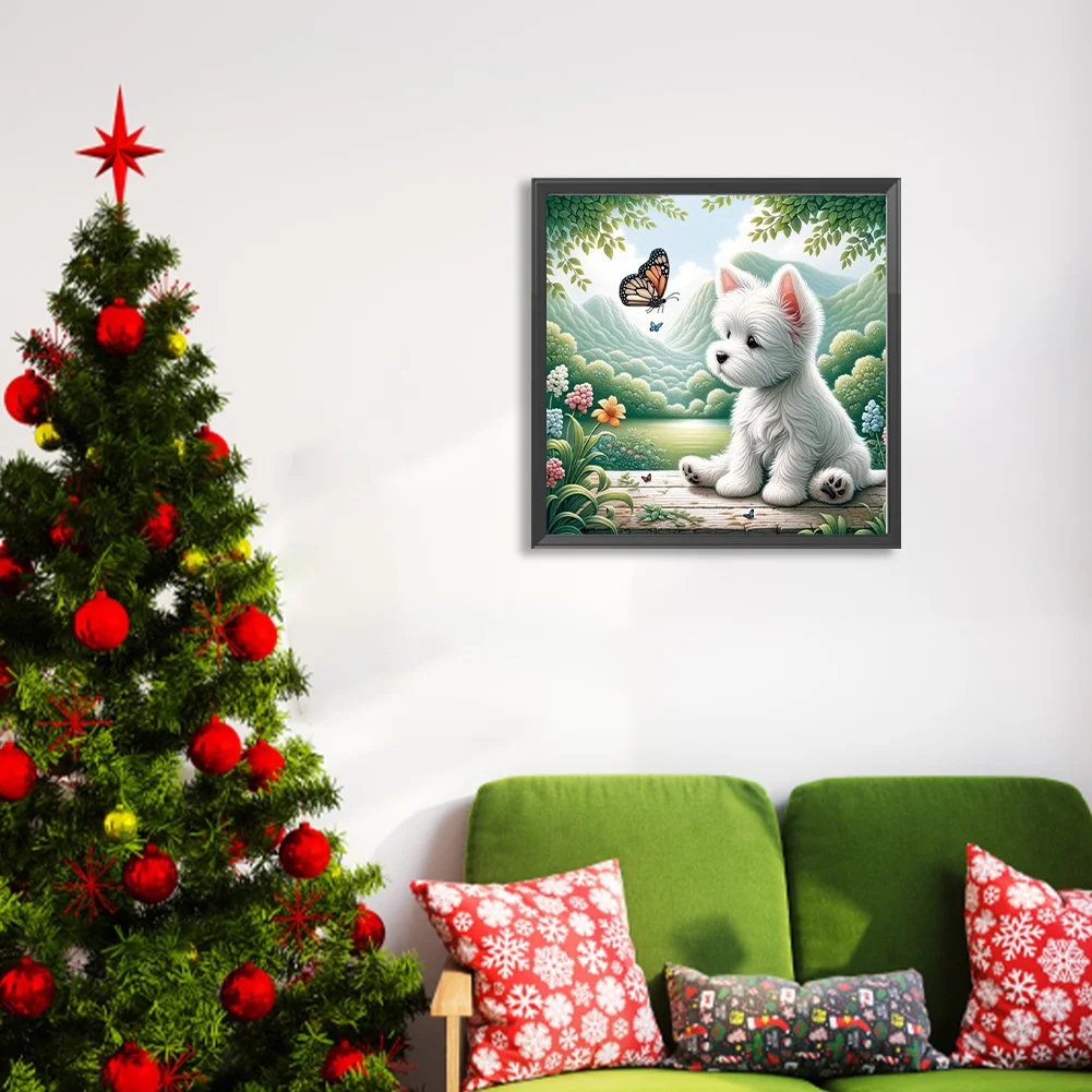 Diamond Painting - Full Round Drill - Dog Playing Butterfly(Canvas|40*40cm)