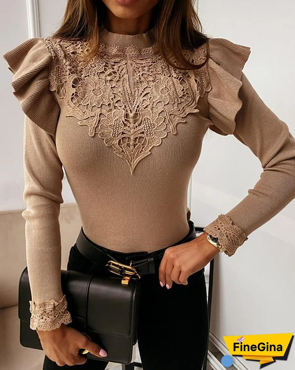 Long Sleeve Round Neck Lace Decorative Solid Color Shirt