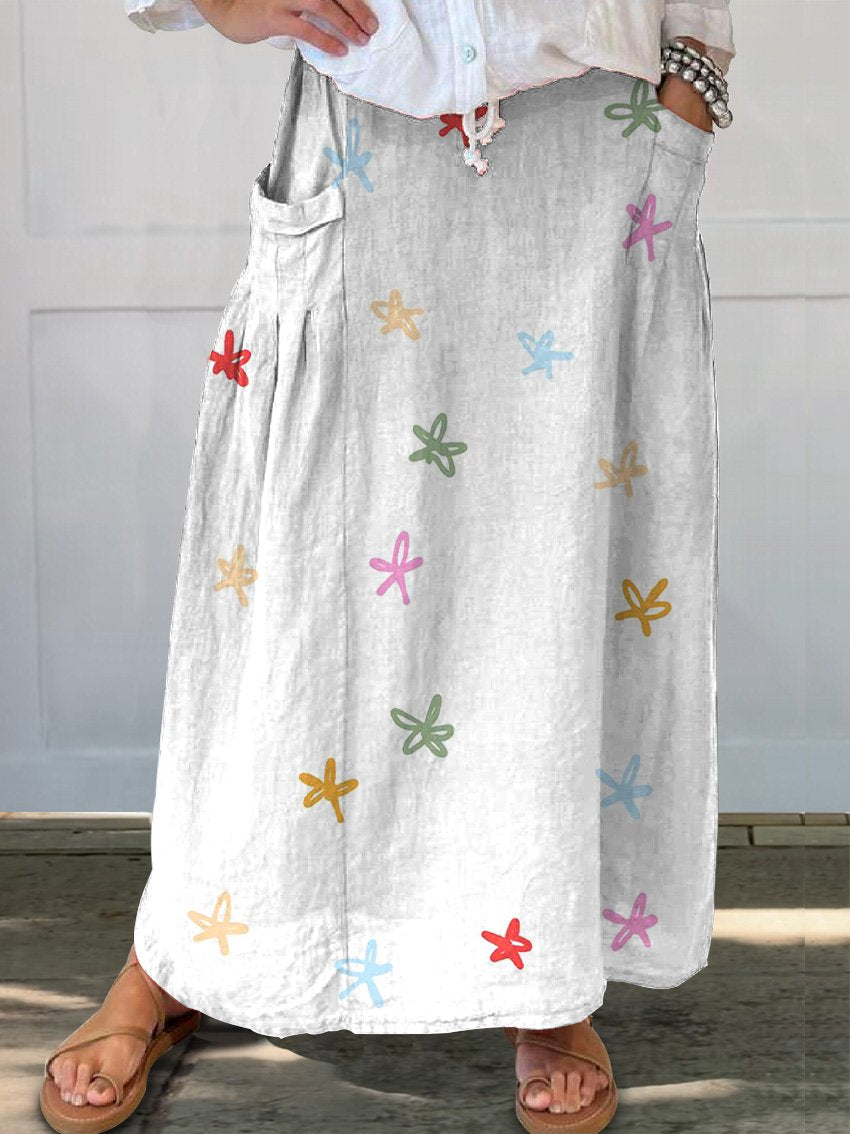 Scattered Rainbow Color Floral Pattern Printed Women's Linen Pocket Skirt