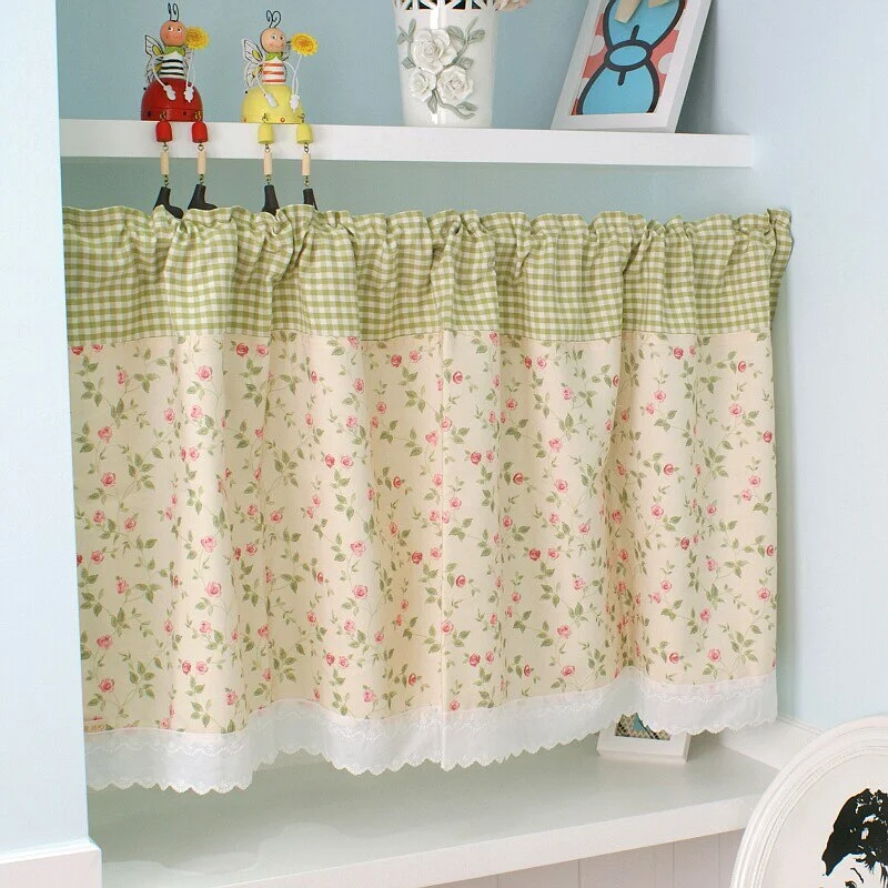 Rod Pocket Half-curtain Lace Hem Short Curtain for Kitchen Small Window Drapes Dust Cabinet Door Curtain Coffee Shop Decor Panel
