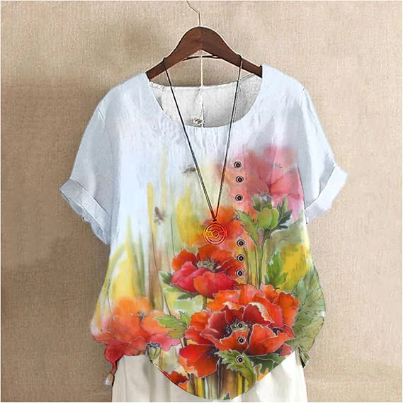 Women'S Watercolor Poppy PatternCotton And Linen Short Sleeve Top