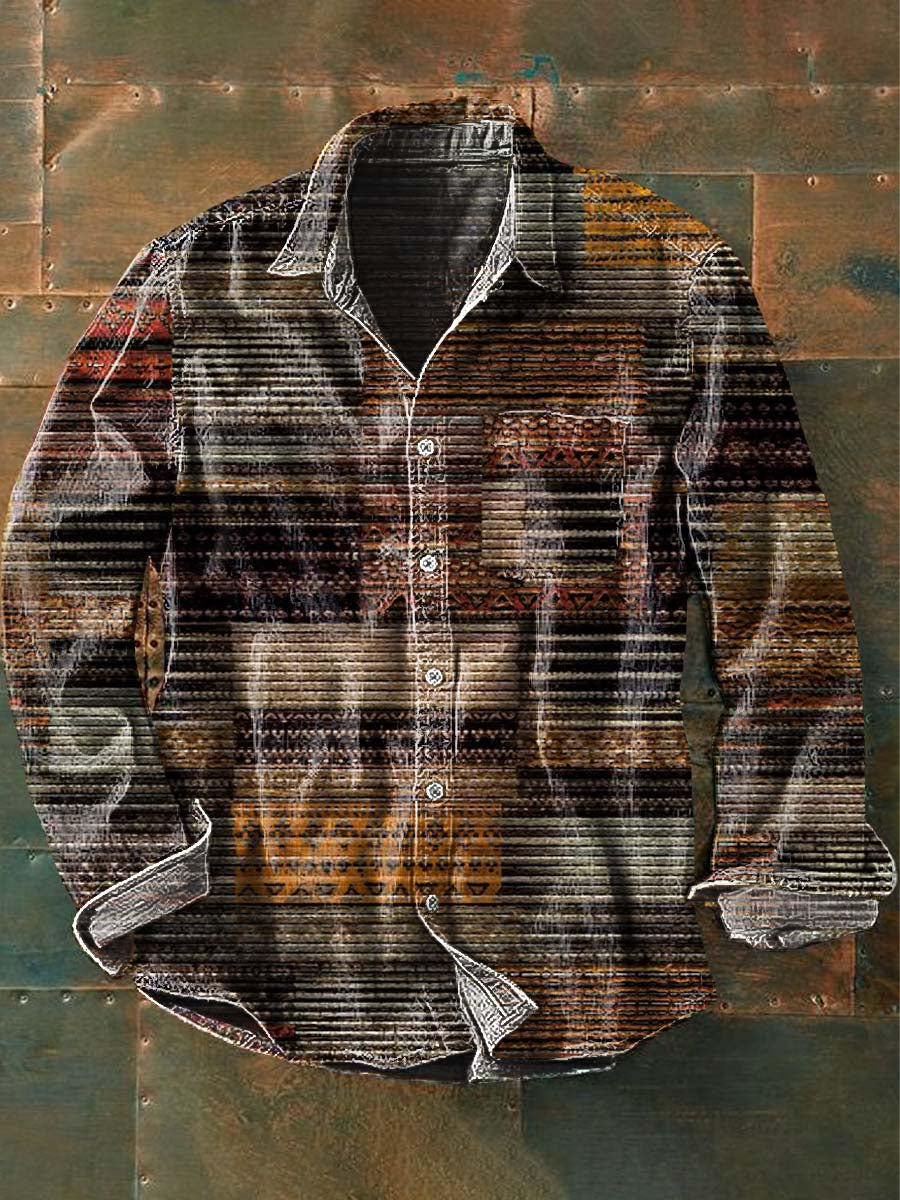 Men's Vintage Western Pattern Print Casual Lapel Long Sleeve Shirt