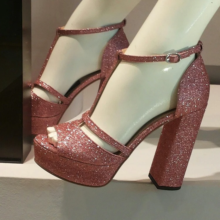 Chunky Heels Peep Toe Glitter Platform Ankle Strap Sandals |FSJ Shoes