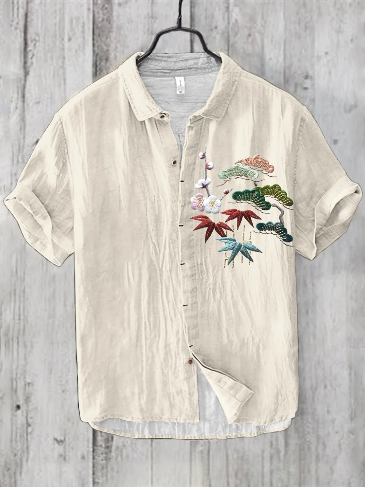 Botanical Flower Embroidery Japanese Art Linen Short Sleeve Shirt
