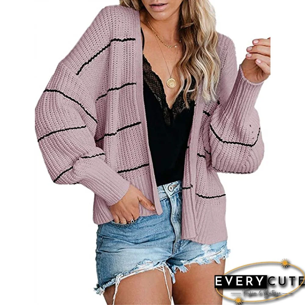 Pink Striped Knit Long Sleeve Cardigan