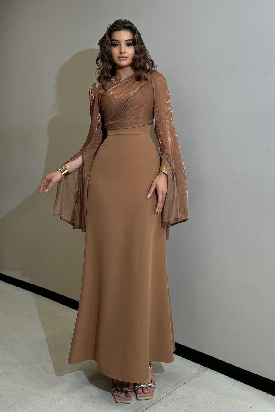 Lvs&Broner Charming Long Sleeves Jewel High Waist Long Prom Dress With Ruffles