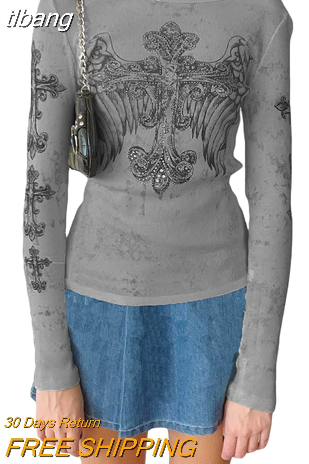 tlbang Rhinestone Top for Women 2000s Aesthetic Fairycore Grunge Long Sleeve T Shirts Graphic Cross Print Tee y2k Streetwear