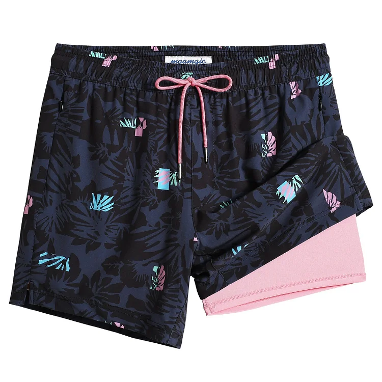 5.5 Inseam 2 in 1 Stretch Short Liner Black Pink Swim Shorts