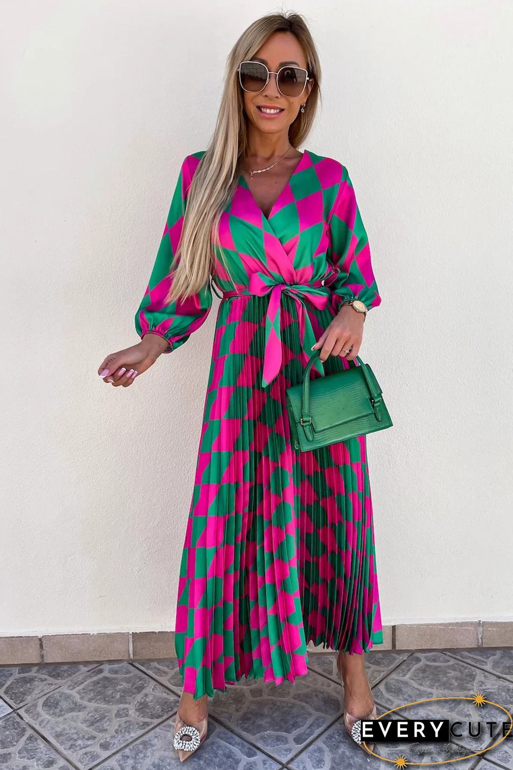 Multicolor Rhombus Contrast Color Block Belted Maxi Dress