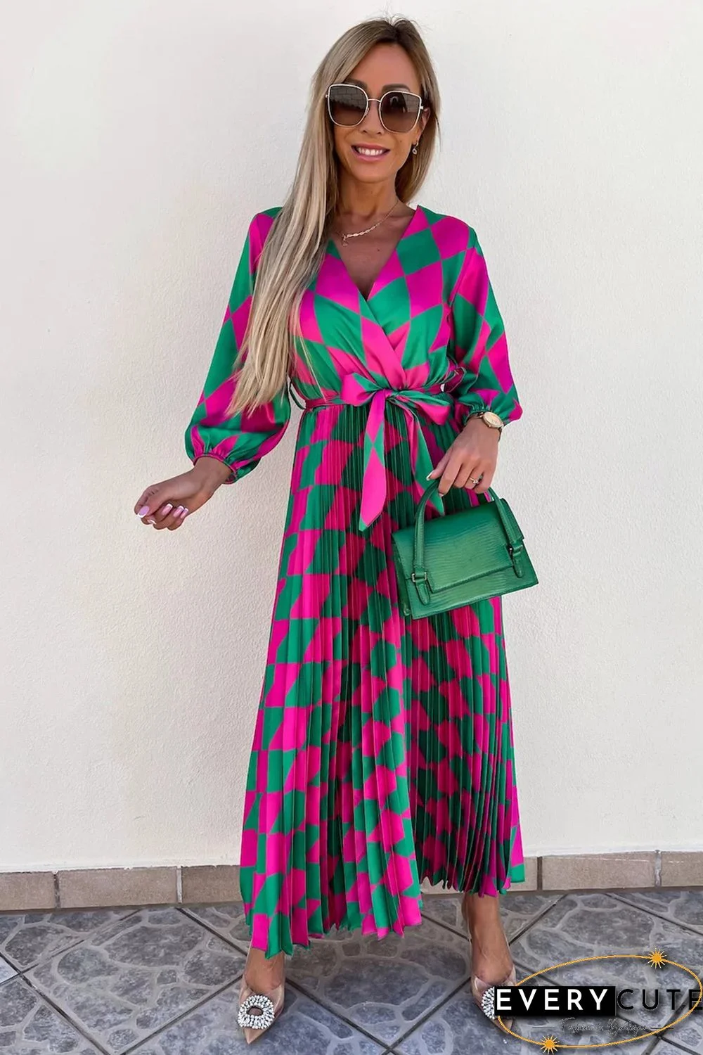 Multicolor Rhombus Contrast Color Block Belted Maxi Dress