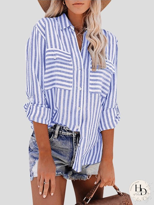 Blouses Striped Single-Breasted Long Sleeve Blouse for Women