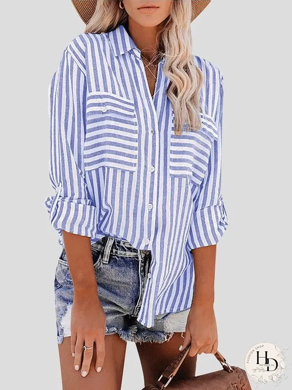 Blouses Striped Single-Breasted Long Sleeve Blouse for Women