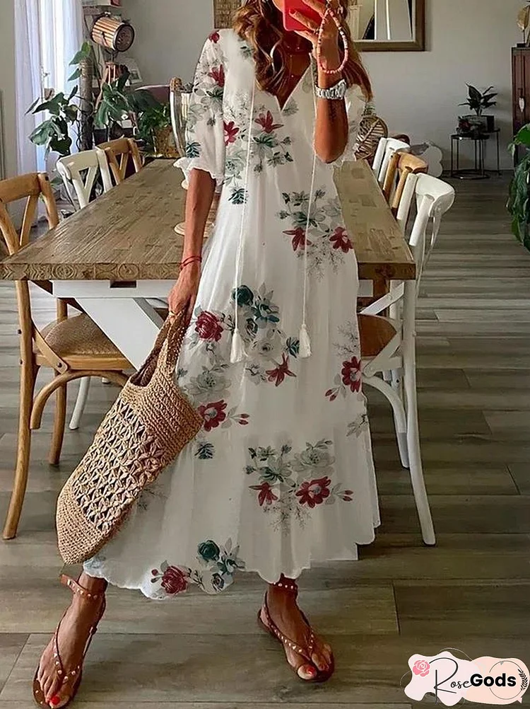 Casual Floral Half Sleeve V Neck Printed Dress