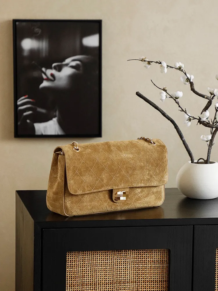 Fashion Casual Messenger Bag Diamond Lattice Suede Shoulder Bag Multifunctional with Chain Strap Handbag Women