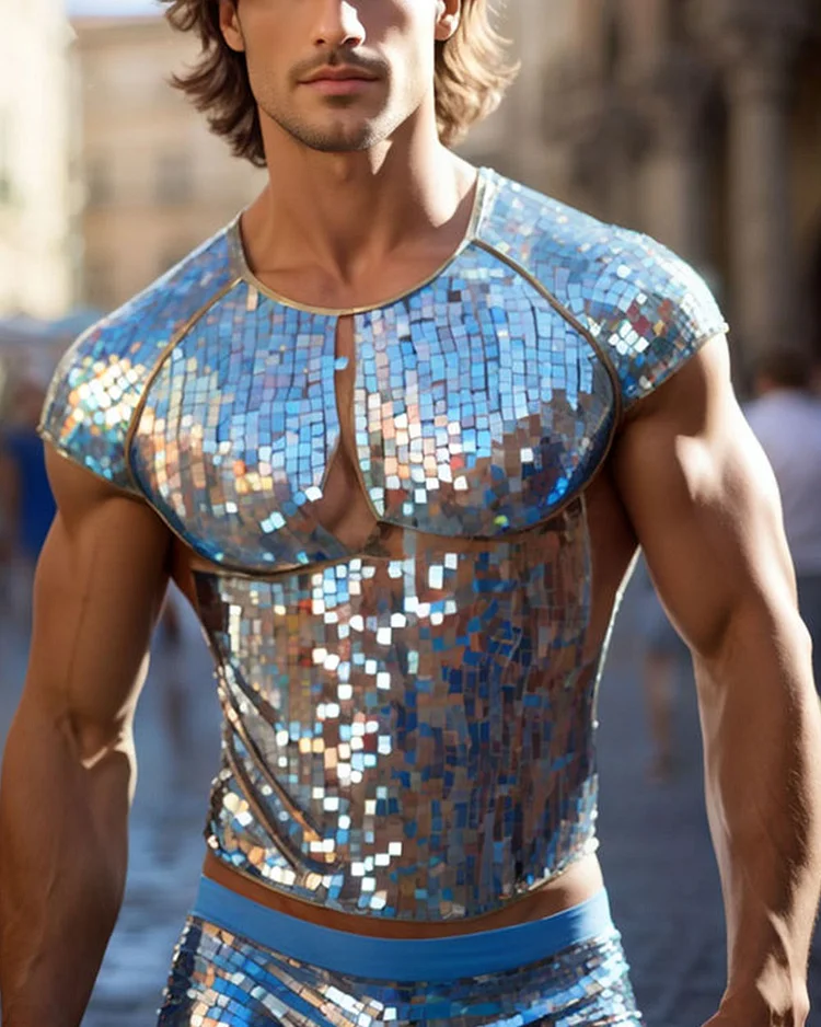 Men's Mirrored Sequined Short-Sleeved Top
