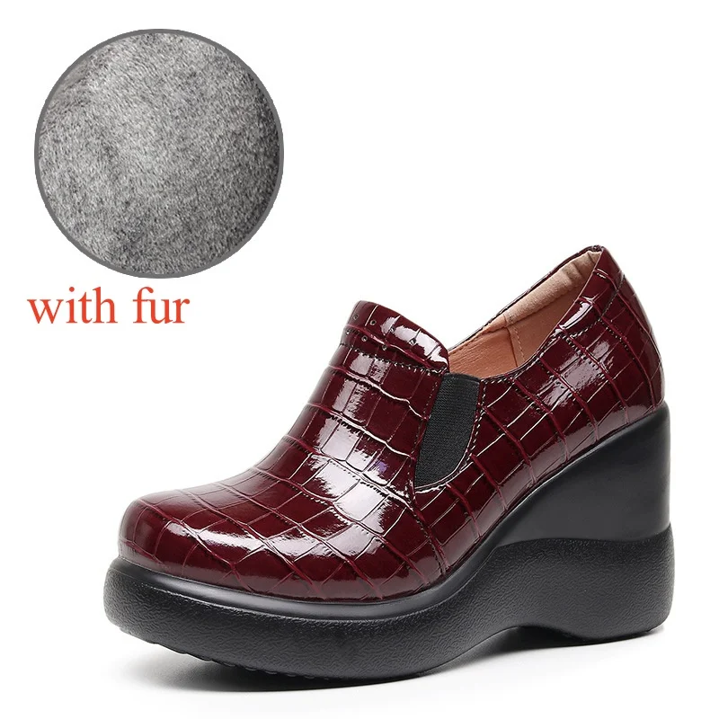 Iplaynox 8cm Big Size 32-43 Soft Leather Loafers Deep Mouth Pumps 2025 Fall Winter High Heels Shoes Wedges Platform with Fur Office Mom