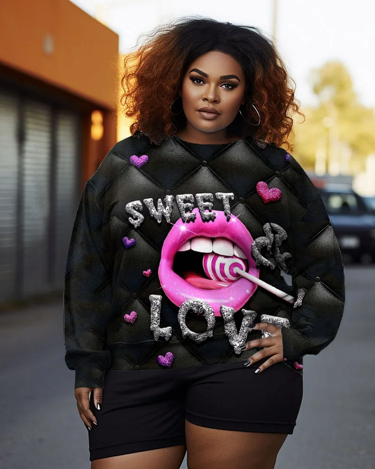 Women's Plus Size Lips Lollipop Doodle Crew Neck Long Sleeve Sweatshirt