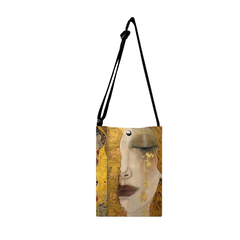 Ladies Mini Bags Golden Oil Painting Print Canvas Shoulder Flap Bag Women Crossbody Messenger Bag for Phone Pouch With Pocket