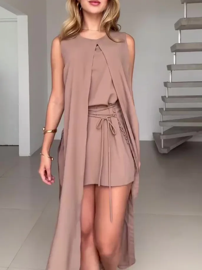 Solid Color Sleeveless Tie Dress